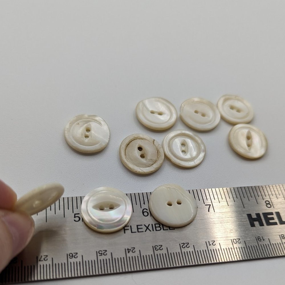 BUTTONS Round White Irregular Iridescent Shell-like with Eye Design 7/8" (10)
